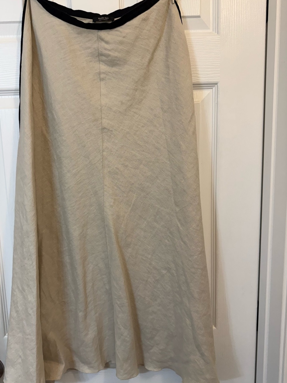 Massimo Dutti Cream A-Line Calf Length Skirt with Black Trim-100% Linen-Sz 6